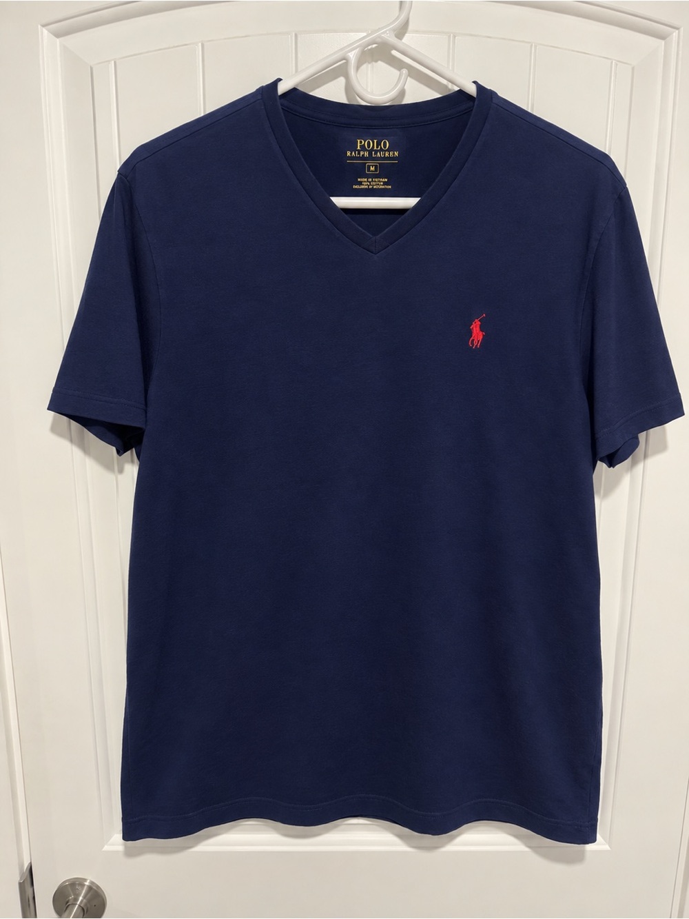 Polo Ralph Lauren Mens M Navy Blue V Neck T Shirt Red Pony